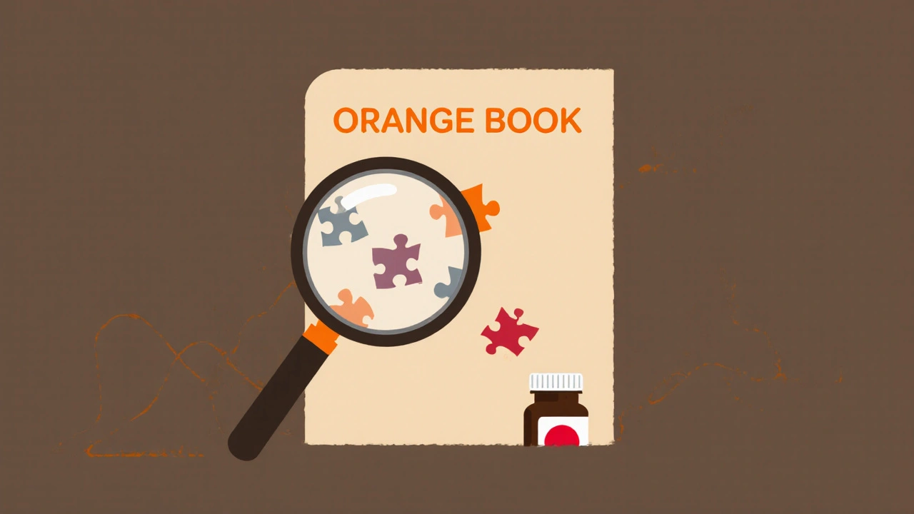 Magnifying glass over the Orange Book revealing misaligned patents.