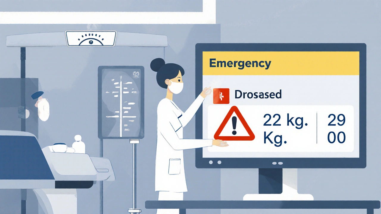 Nurse and pharmacist double-checking a child&#039;s dose with a warning on an adult-focused computer screen.