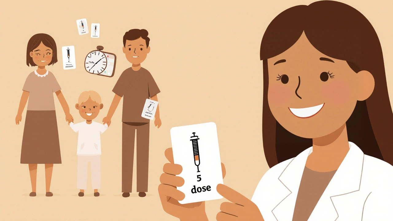 Parent holding a simple visual card with dose and time symbols beside a pediatrician.