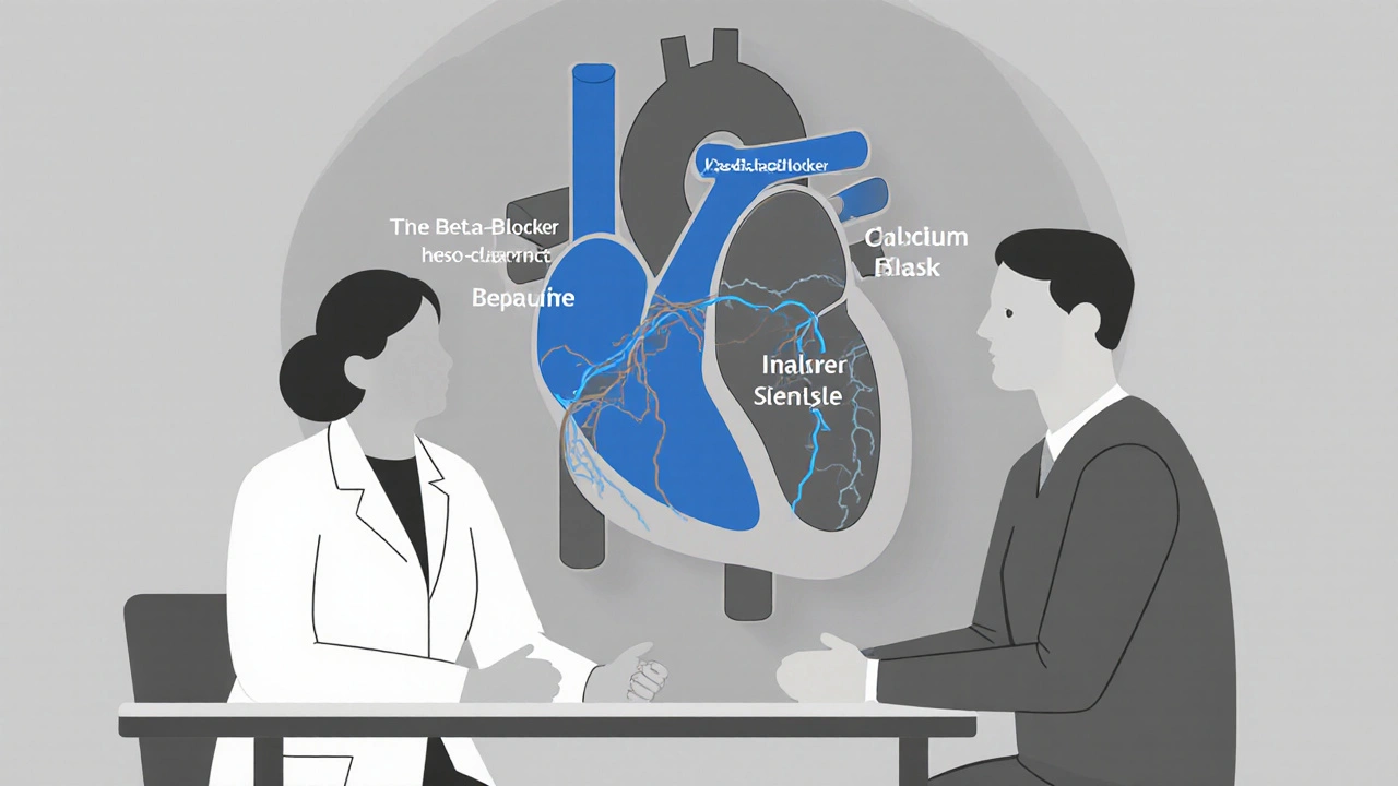 Patient and doctor discussing heart treatment options with blood flow diagram