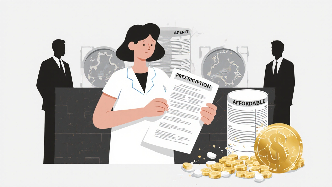 Patient holding prescription as shadowy figures block access behind patent wall.