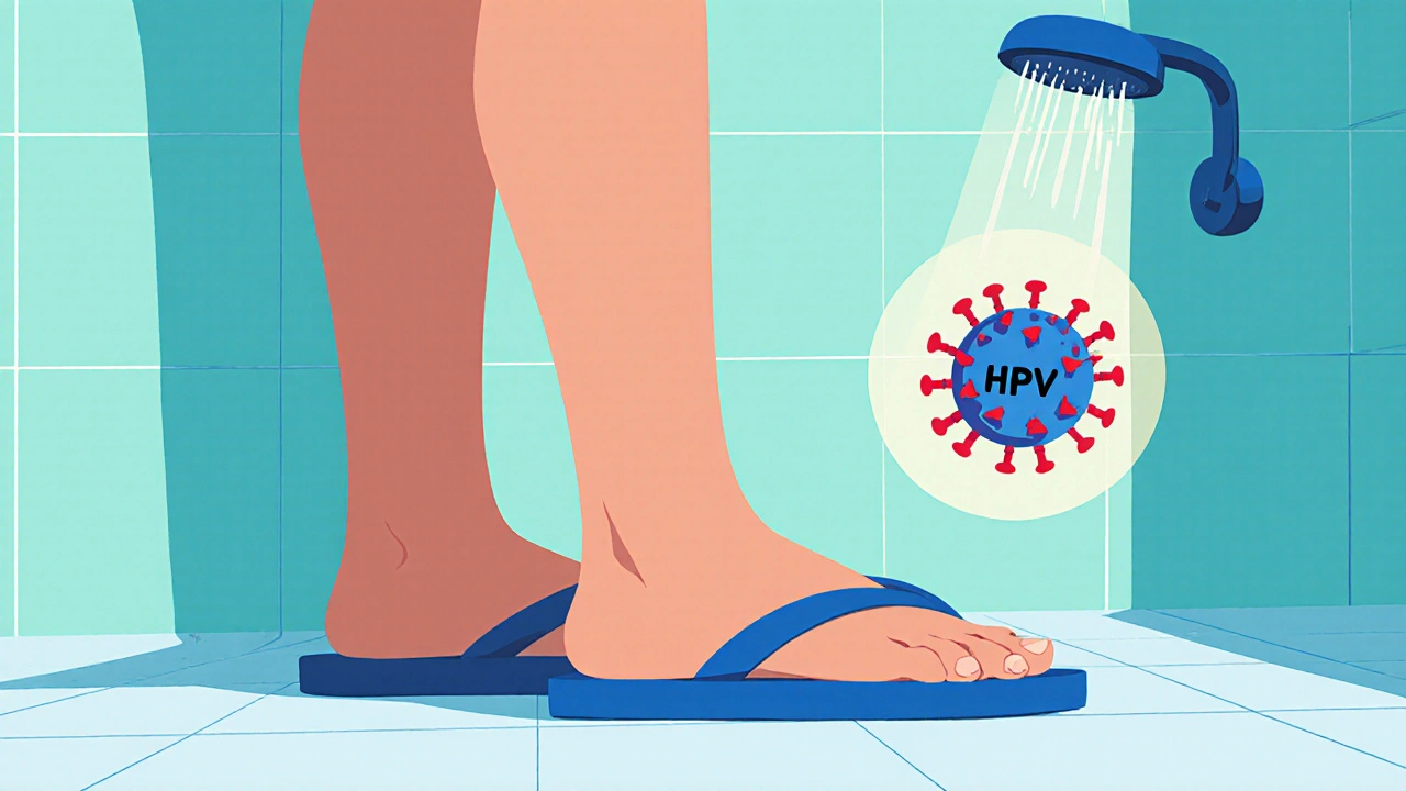 Person in flip-flops in shower, with HPV virus drifting away and immune cell approaching.