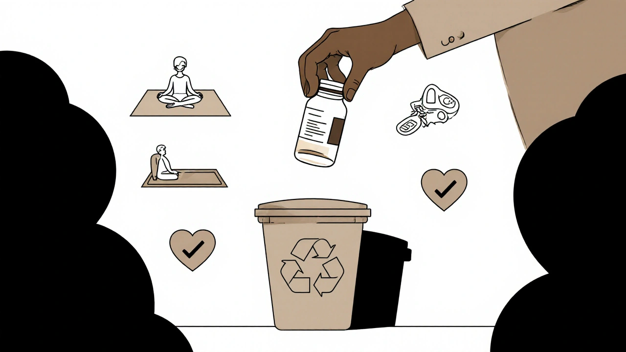 Person recycling gabapentin bottle while safer pain relief alternatives float above.