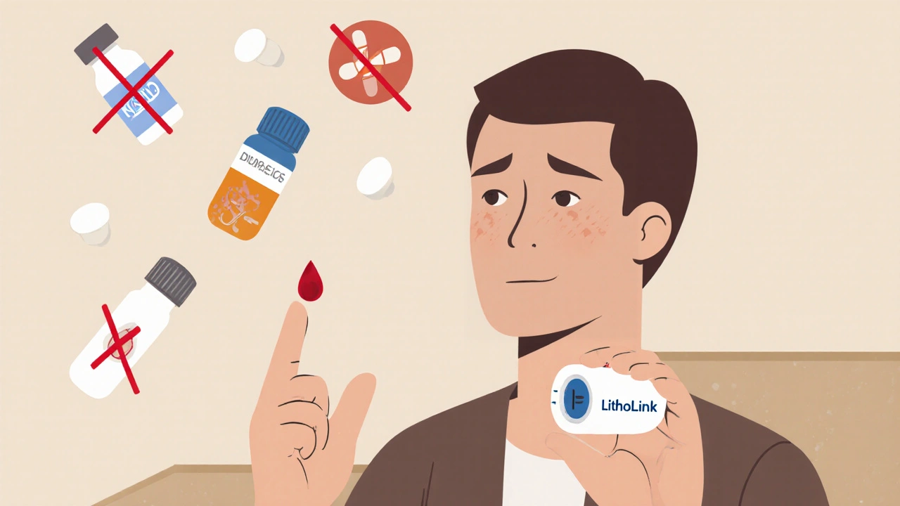 Person using a home lithium monitor with warning icons of interacting drugs above