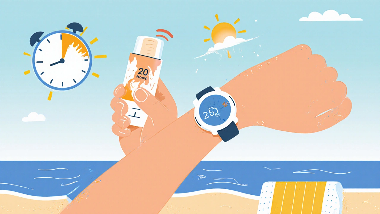 Person using a UV sensor to know when to reapply sunscreen at the beach