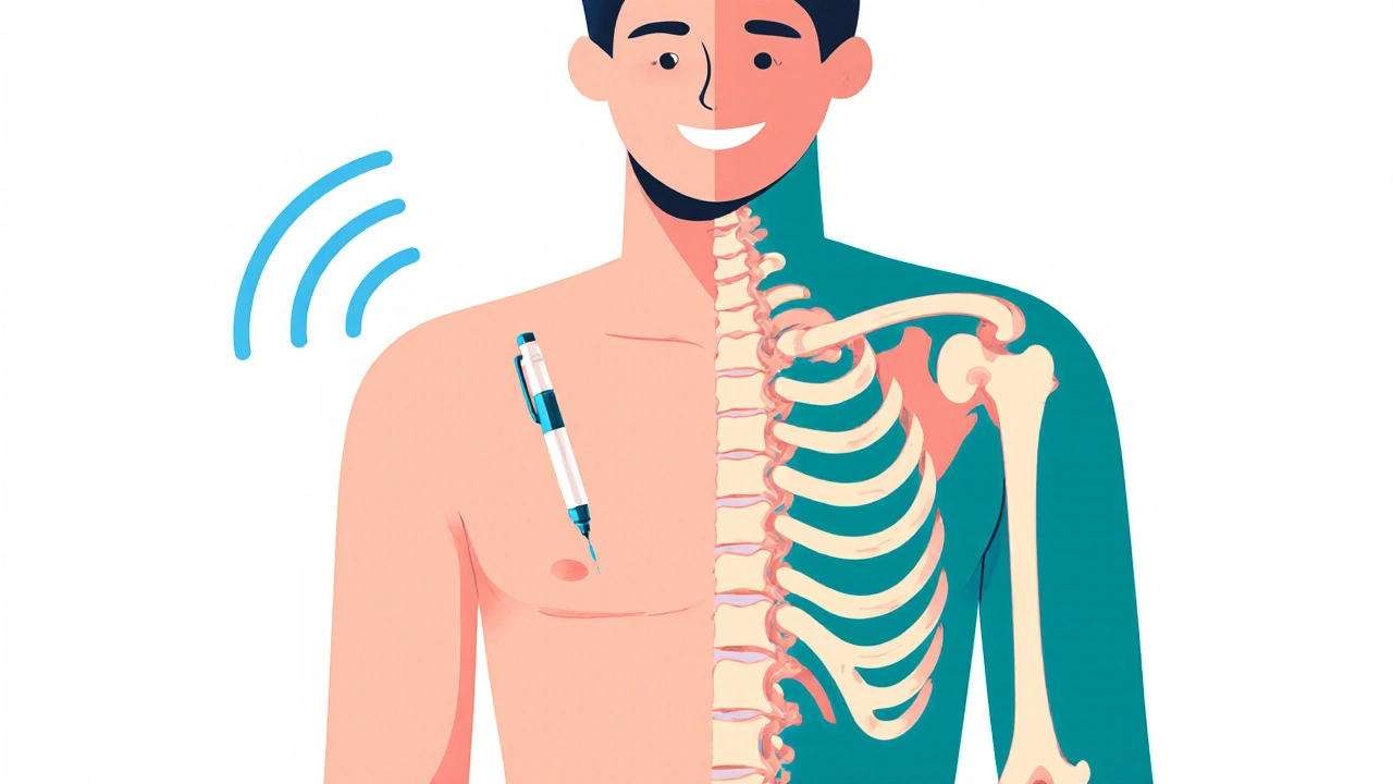 Person with a healthy spine, holding an injection pen, radiating calm energy.