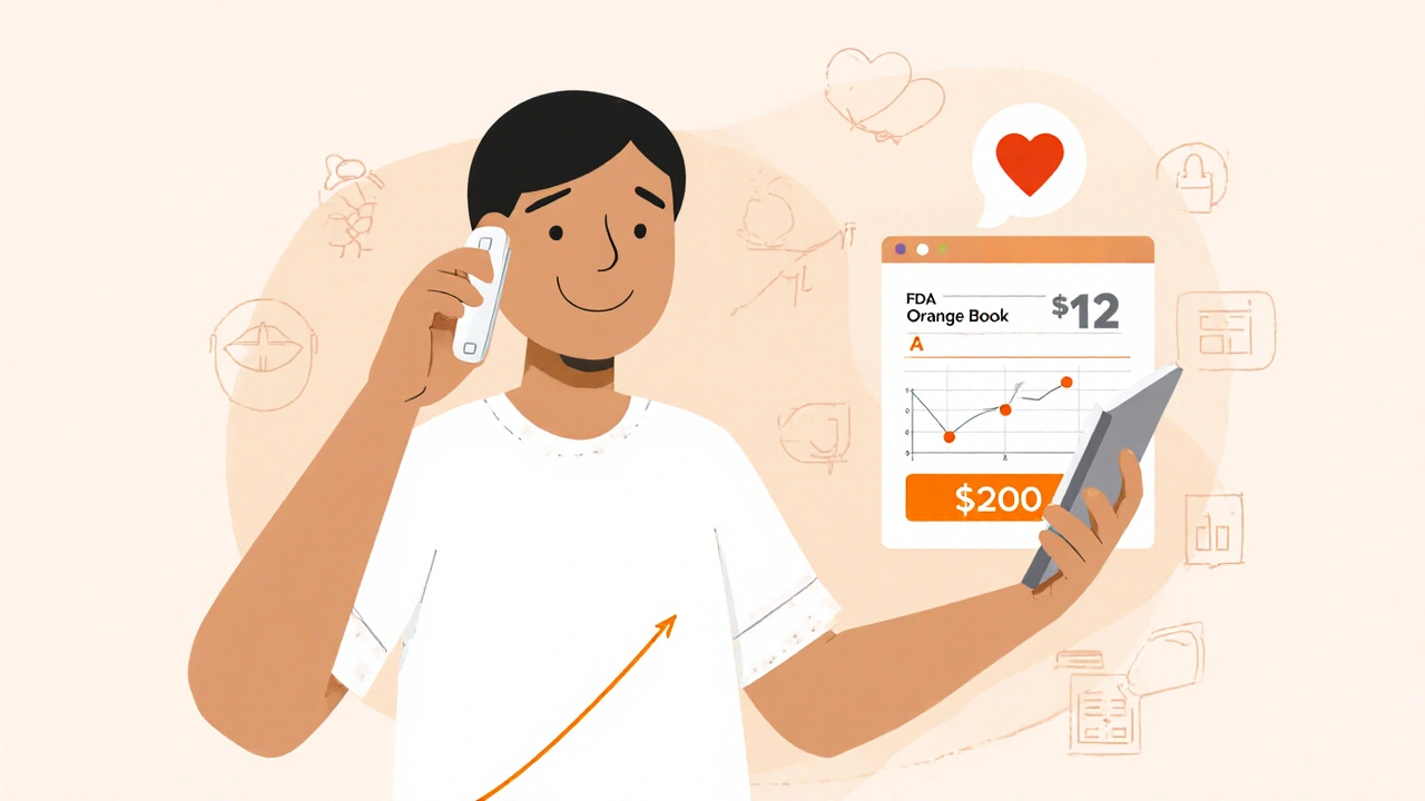 Pharmacist on phone reviewing FDA therapeutic equivalence rating and cost savings on a tablet.