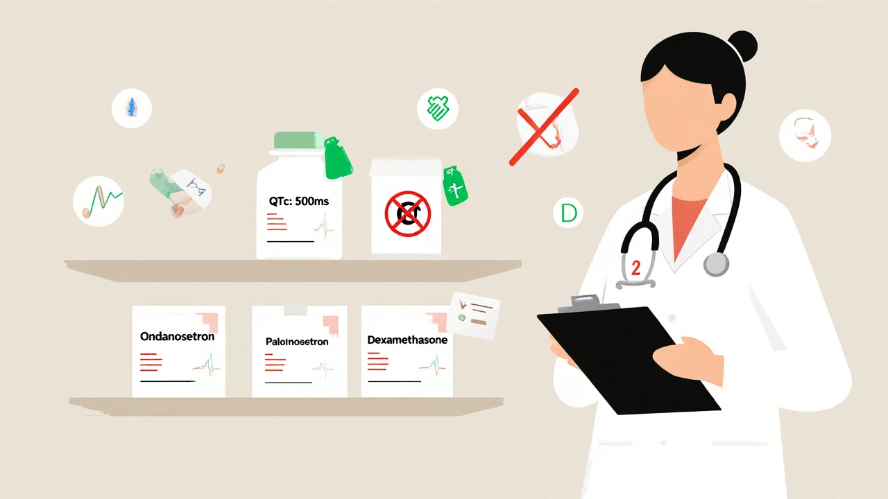 Pharmacist reviewing ECG with safer antiemetic alternatives highlighted on a medical shelf.