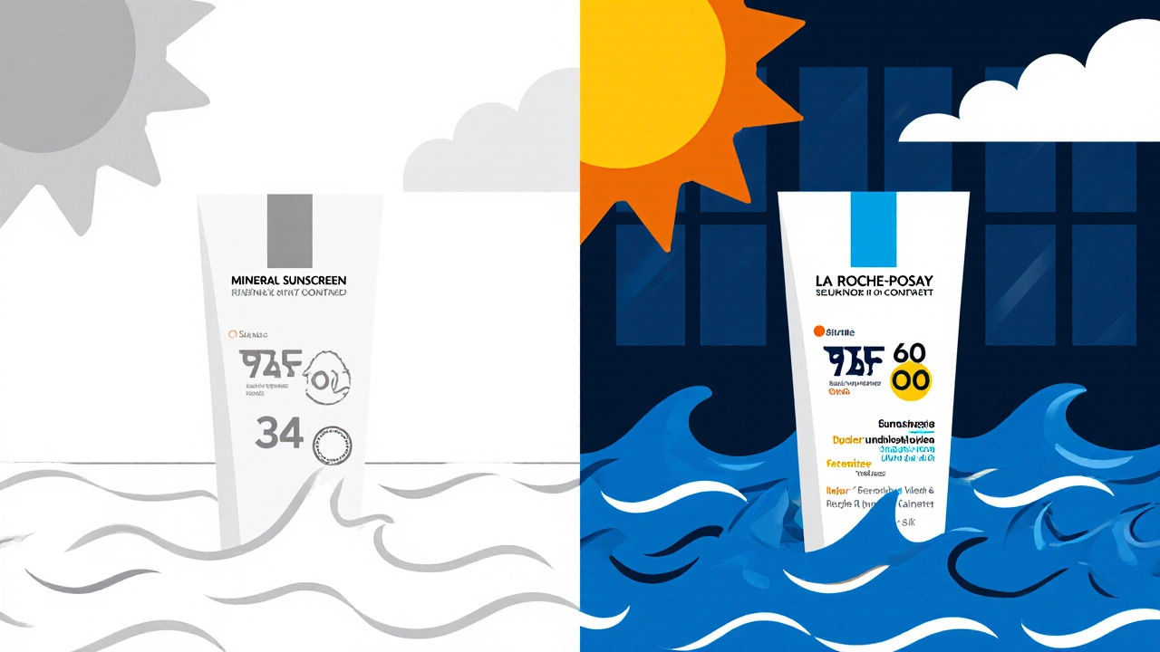 Side-by-side comparison of weak and strong UVA sunscreen protection with icons