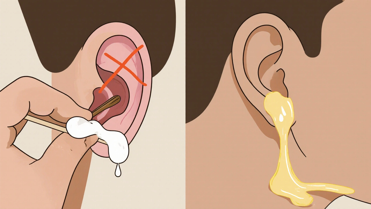 Side-by-side: cotton swab pushing wax in (crossed out) vs. drops softening wax to drain out.