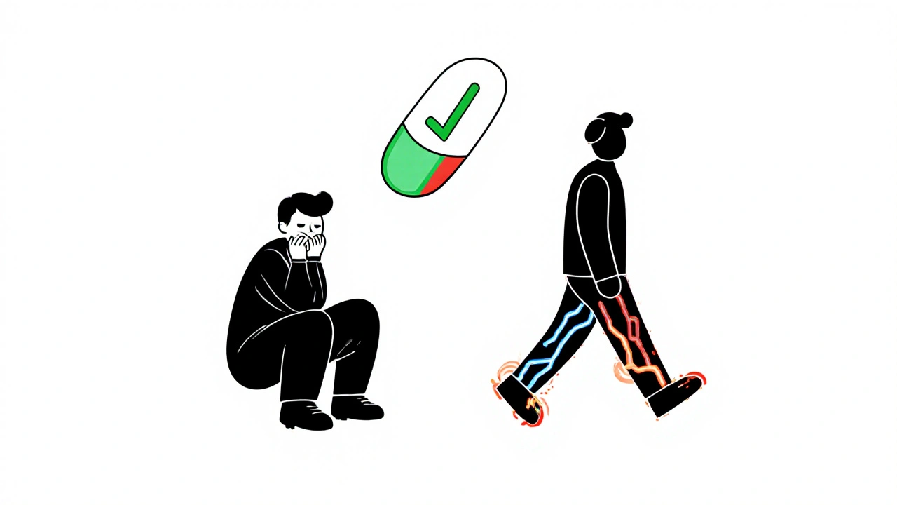 Side-by-side figures: one in pain, one walking, with statin pill and energy pathways.