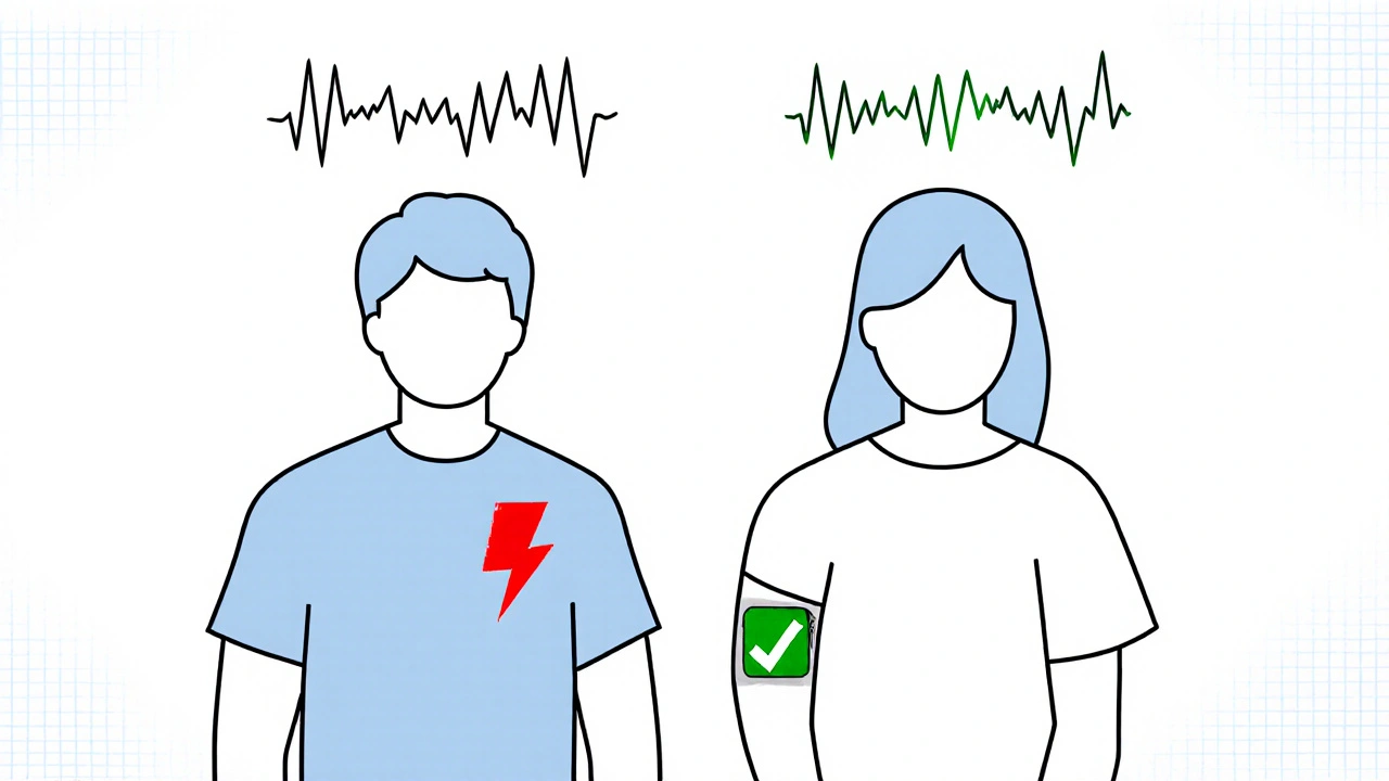 Side-by-side patient silhouettes: one with risky IV ondansetron, one with safe granisetron patch.