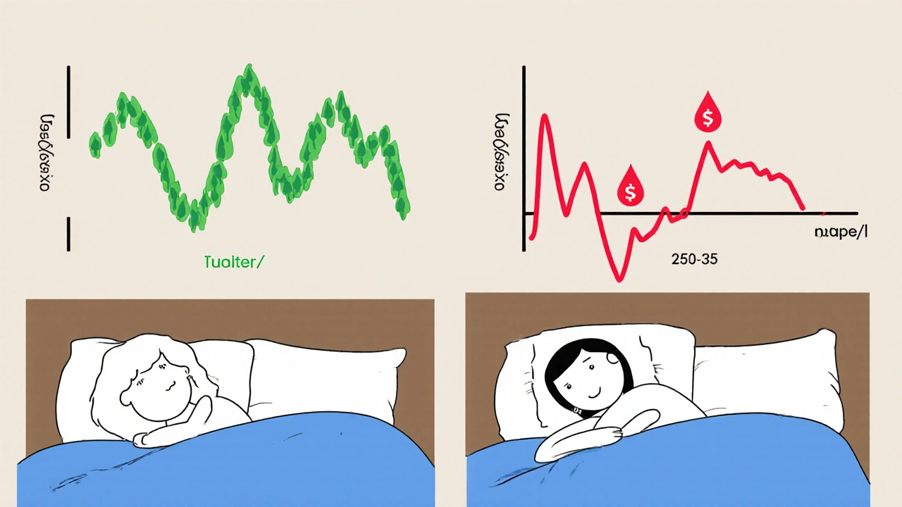 Side-by-side sleep profiles comparing healthy breathing with opioid-induced apnea events.
