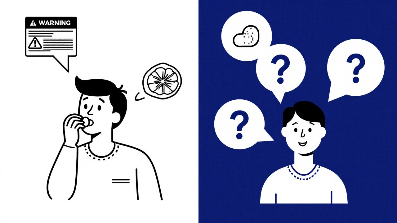 Split illustration: one side ignores medication warnings, the other asks doctor key safety questions.