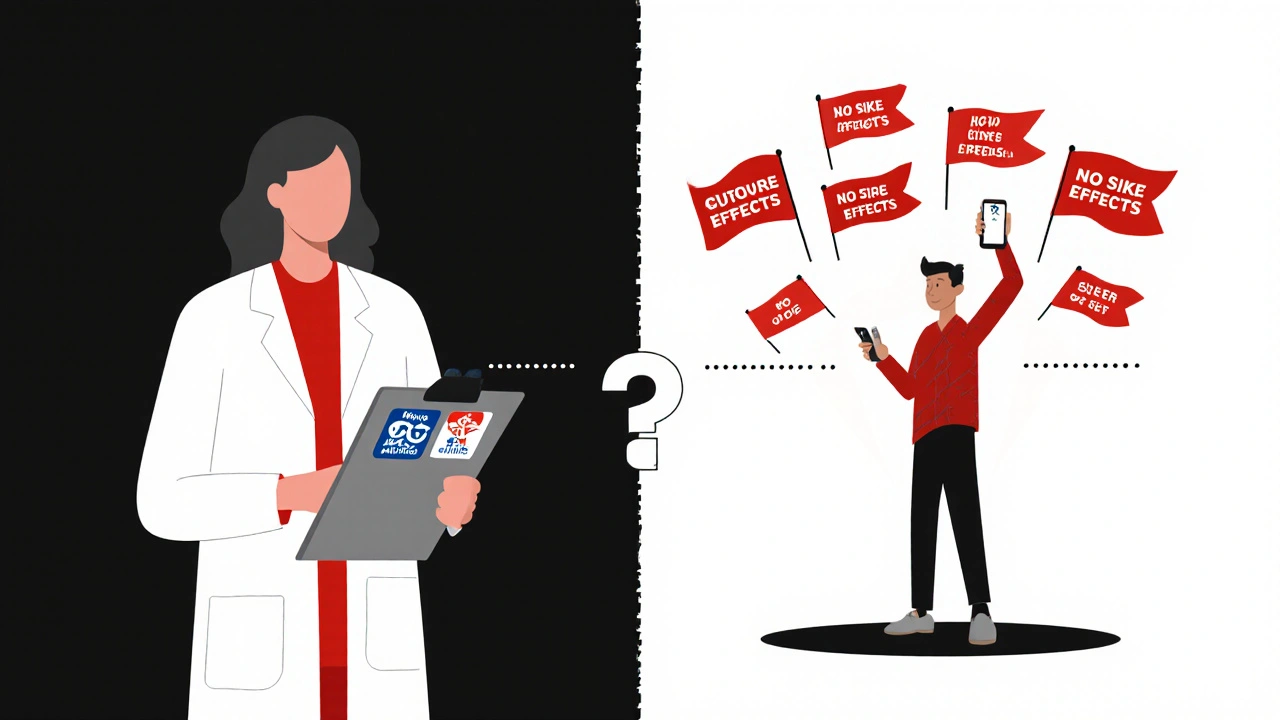 Split scene: pharmacist vs influencer, red flags of misinformation on one side, trusted logos on the other