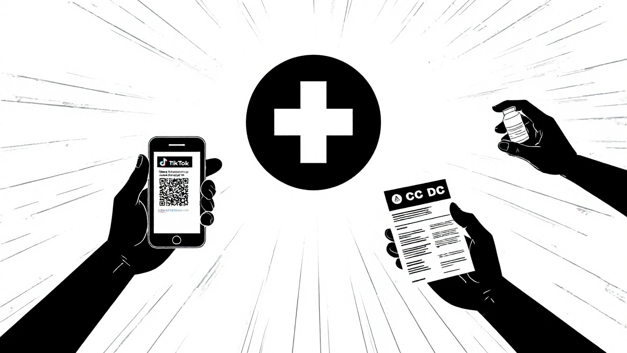 Three hands reaching for health info: phone, CDC sheet, and prescription, one fading