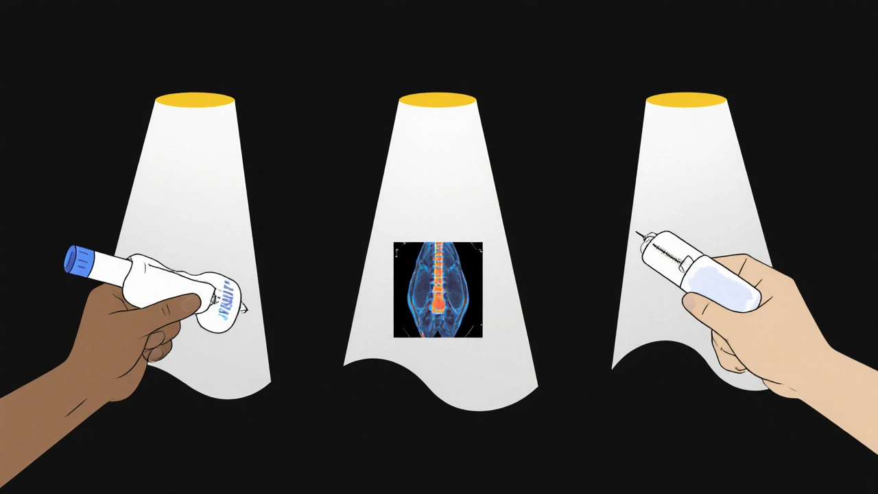 Three TNF inhibitor pens casting light on an MRI scan of a healing spine.