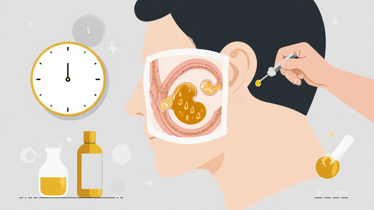 Transparent ear showing softened wax dissolving, with icons for time, oil, and doctor&#039;s tool.