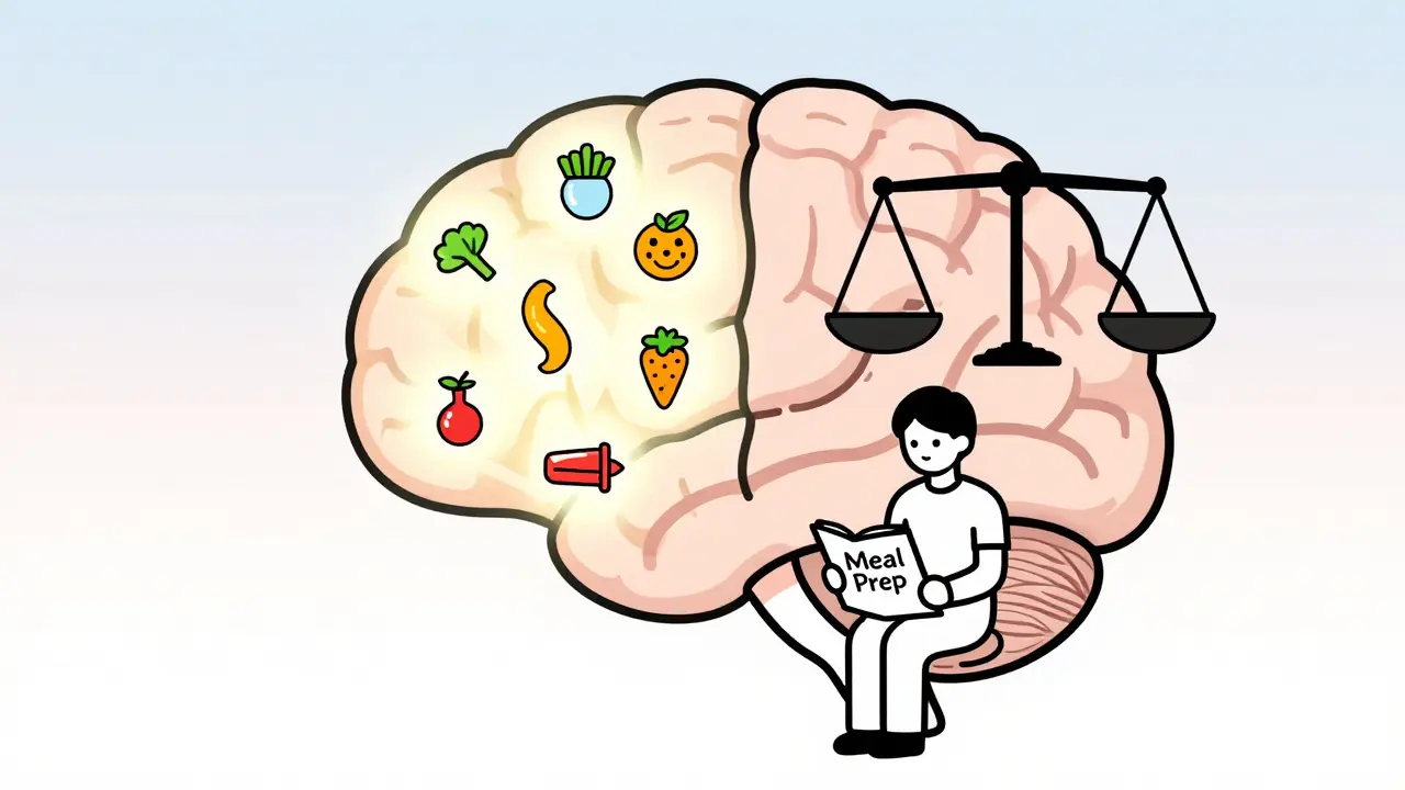 A brain illustrates how neurotransmitters affect hunger and cravings.