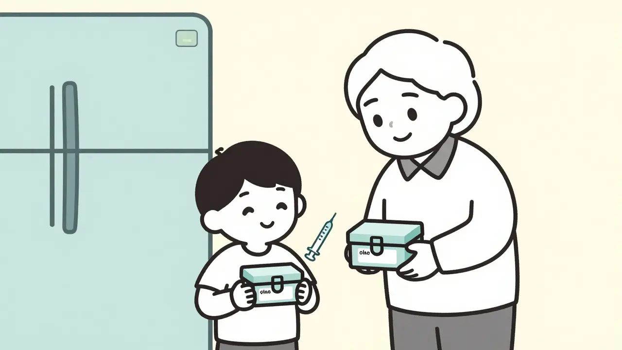 A child and grandparent holding matching locked medicine boxes, with a syringe and phone showing poison help number.