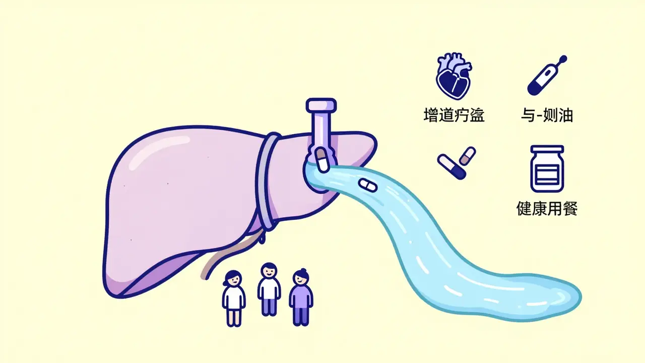 A clogged liver pipe transforming into a flowing river with health benefits shown as icons.
