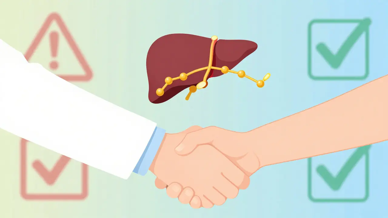 A doctor and patient connected by a heart-liver bridge made of statin molecules.