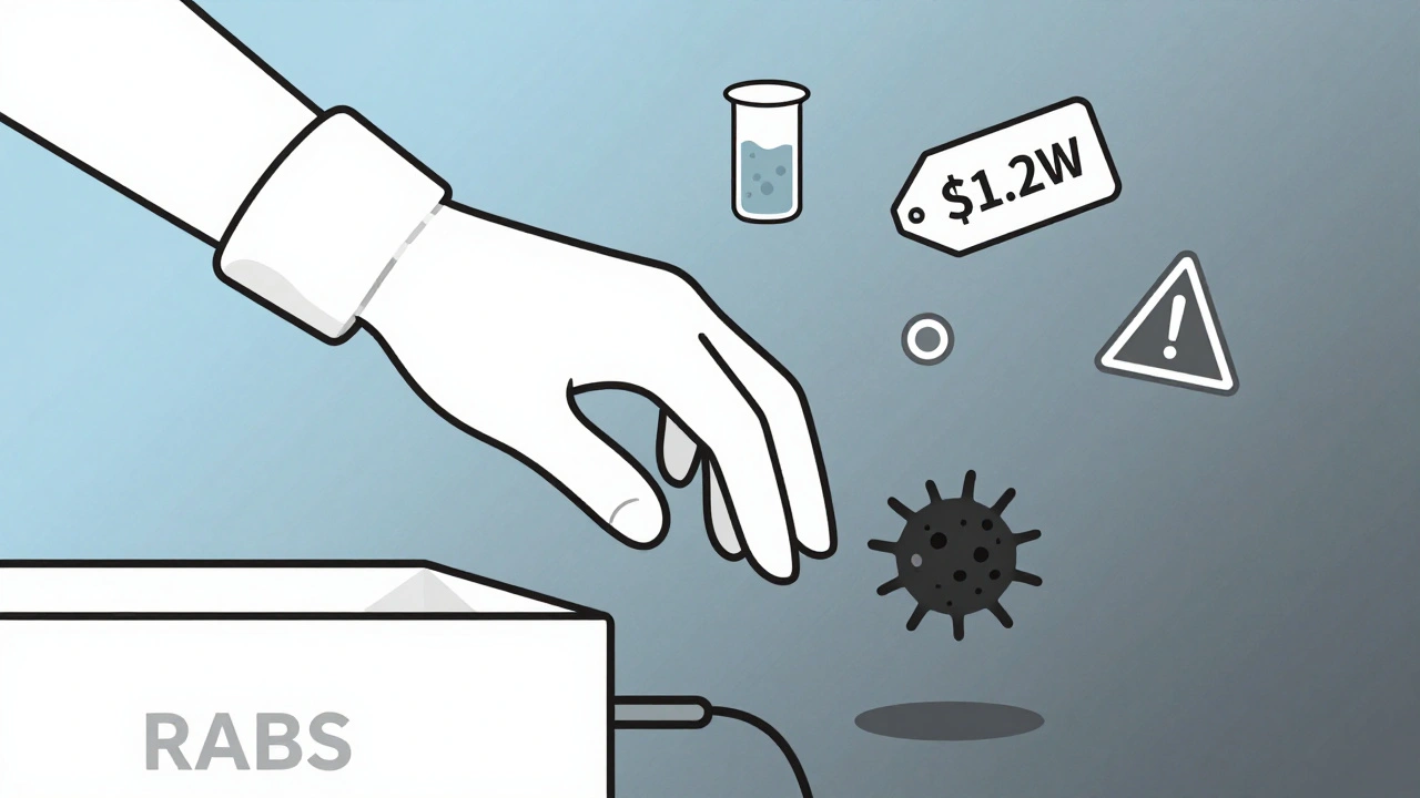 A hand in a RABS system with a microbe escaping from a torn glove, symbolizing contamination risk.