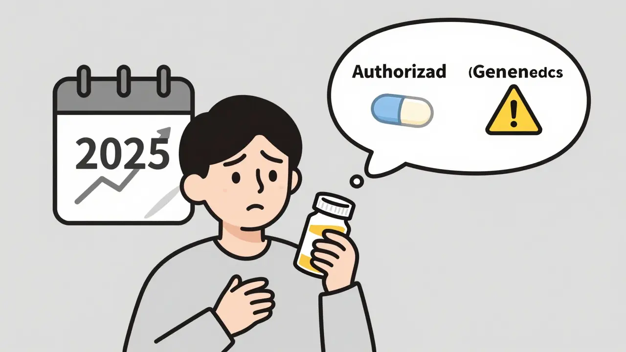A patient thinking about authorized vs traditional generics, with visual comparison in thought bubble.