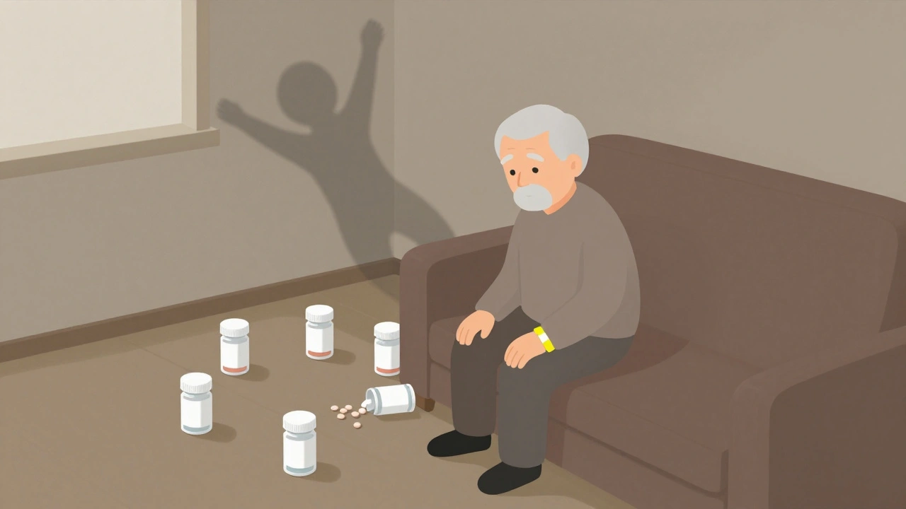 An elderly person surrounded by multiple pill containers, one tipping over, with a shadow of a falling figure behind them.
