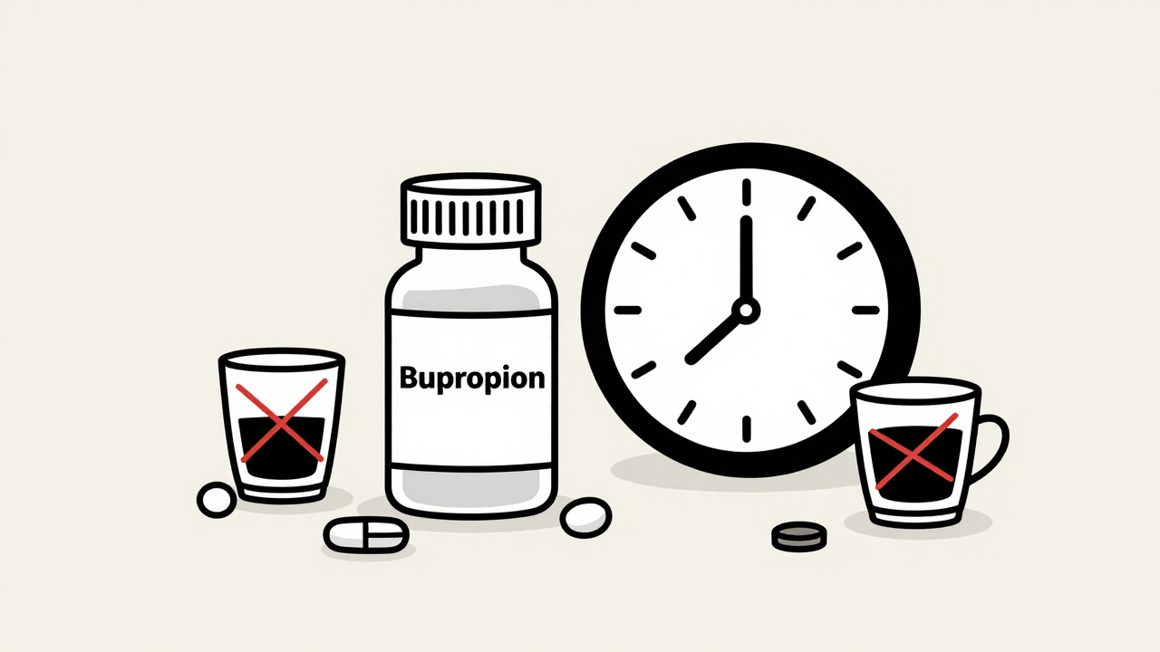 Bupropion pill with contraindicated items like alcohol and other meds crossed out in red.