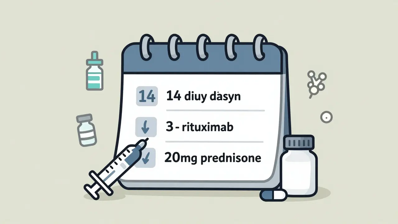 Calendar with key vaccination timing markers and inactivated vaccine icons for immunosuppressed patients.