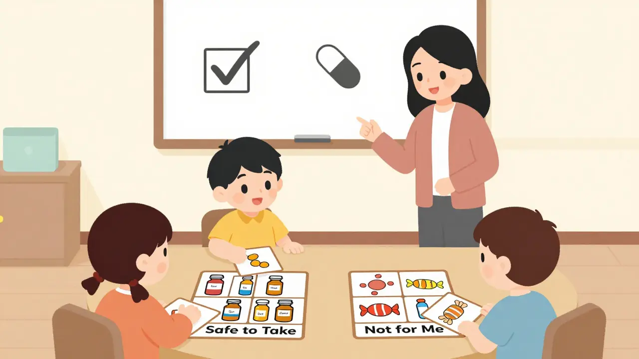 Children sorting picture cards into 'Safe to Take' and 'Not for Me' piles in a classroom setting.