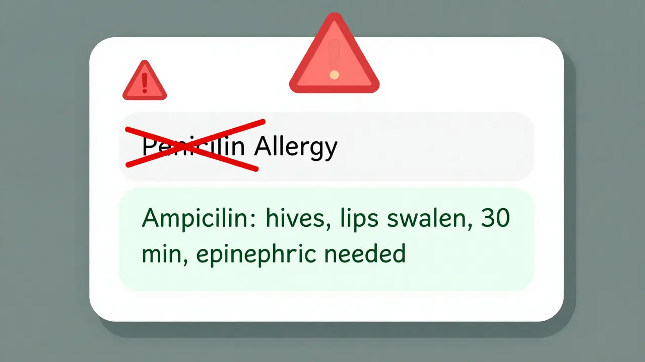 Digital health record showing corrected allergy entry with warning symbol and improved details.