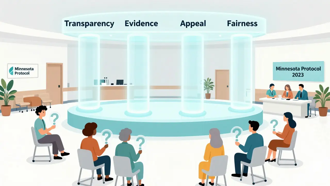 Diverse patients holding question marks beneath a floating ethical framework for fair drug allocation.