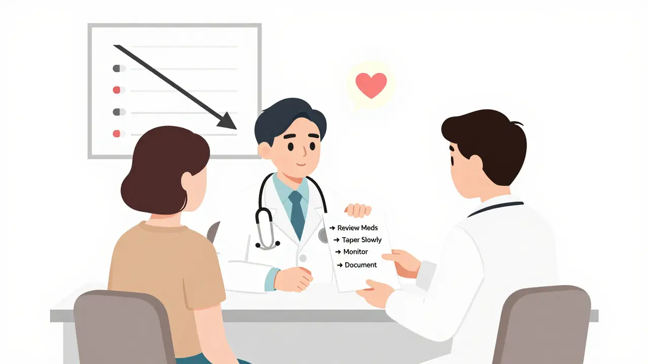 Doctor and patient reviewing medication checklist with declining pill count on wall chart.