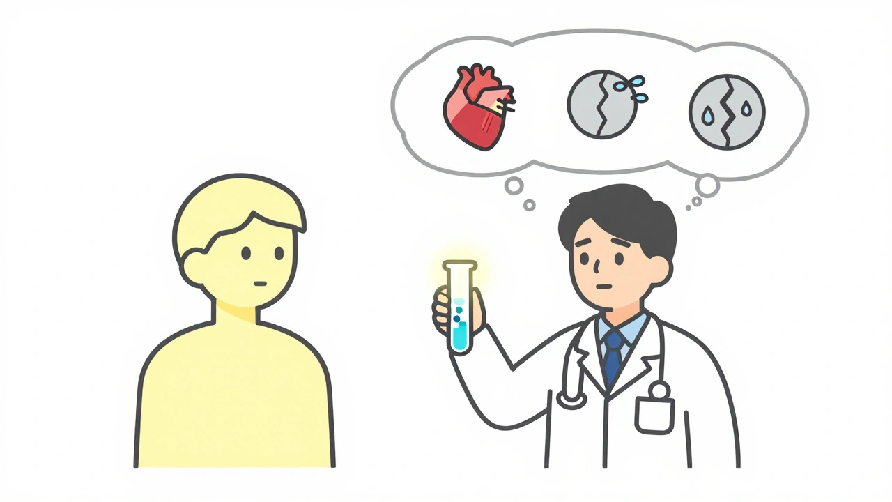 Doctor holding a test tube with metanephrine molecules beside a patient showing headache, sweat, and heart symptoms.