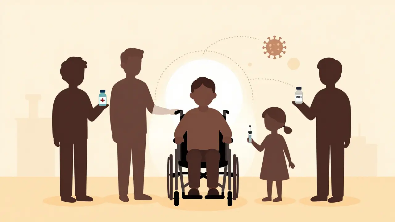 Family members surrounding an immunocompromised person with vaccine icons forming a protective circle.