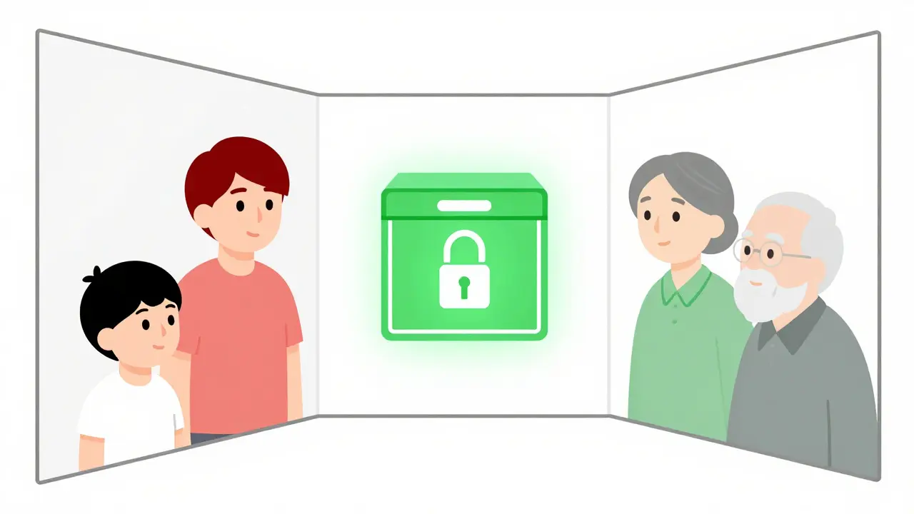 Family separated by barriers with central lockbox for safety