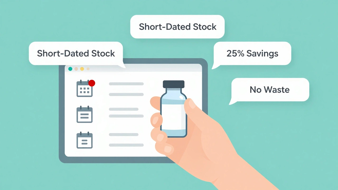 Hand placing a vial into digital system with expiration alerts and savings labels in minimalist style.