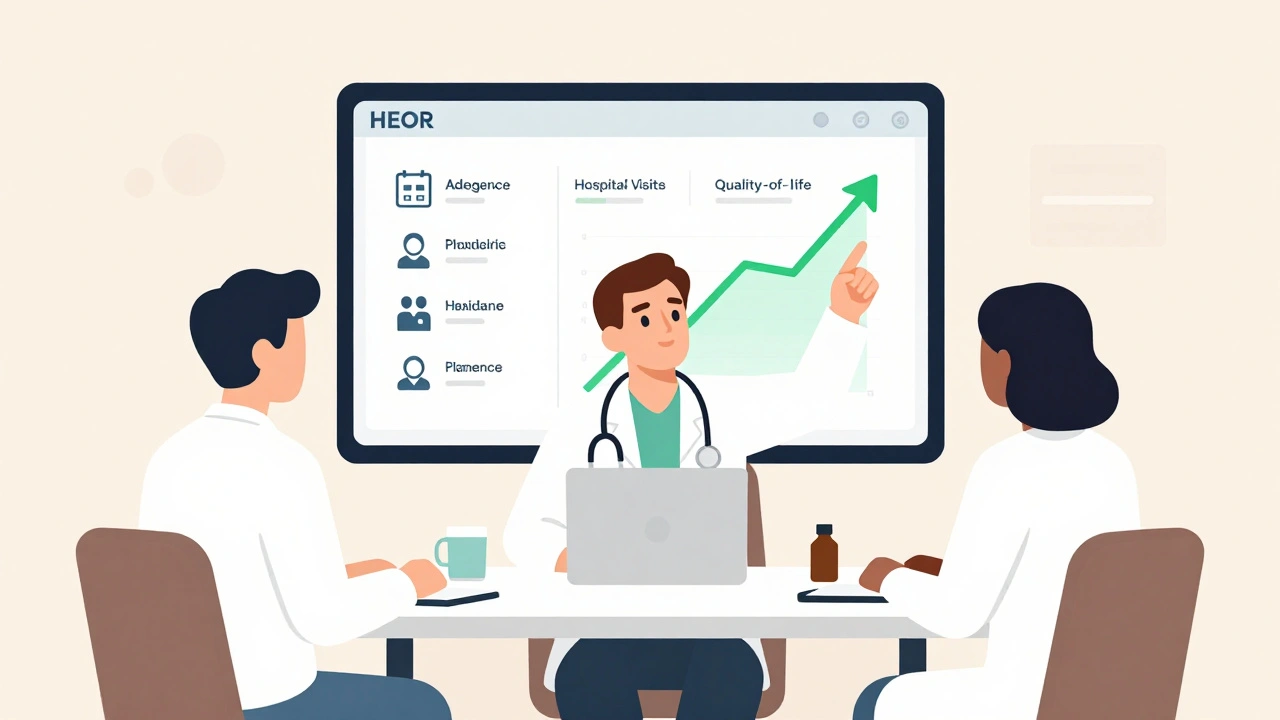 Healthcare team reviewing HEOR data dashboard showing adherence and hospitalization metrics.