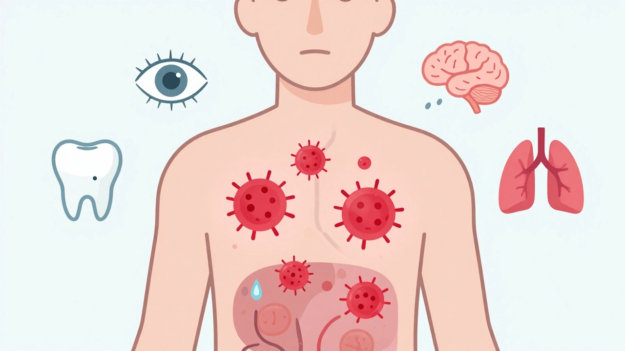 Internal view of immune cells attacking tear and salivary glands, minimalist style.