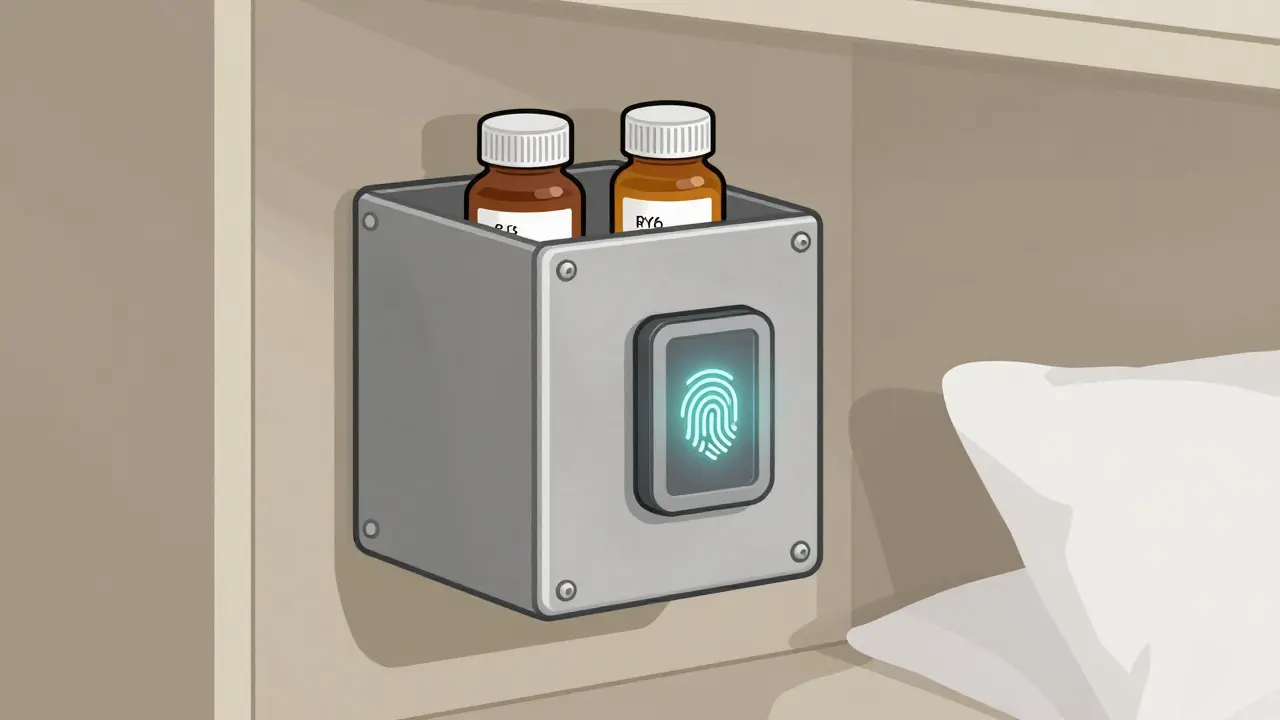 Medication lockbox with fingerprint scanner on closet wall