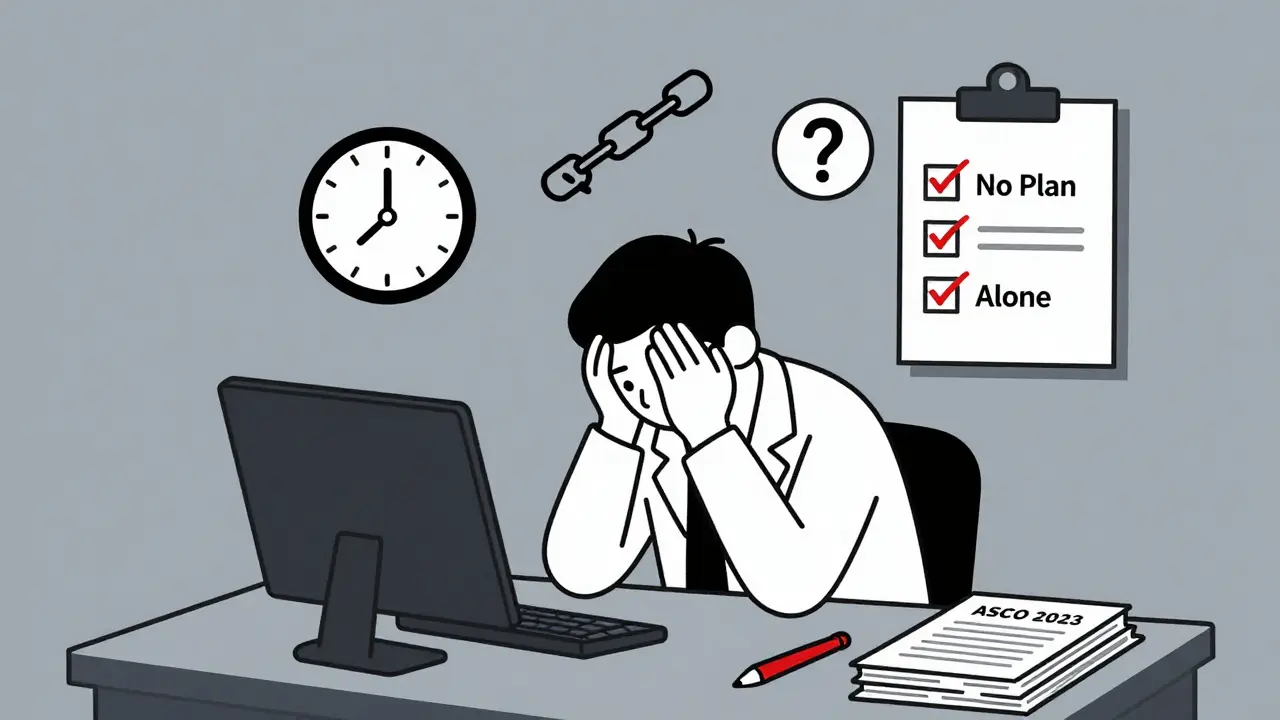 Oncologist overwhelmed by symbols of system failure, alone at a desk with unused guidelines.