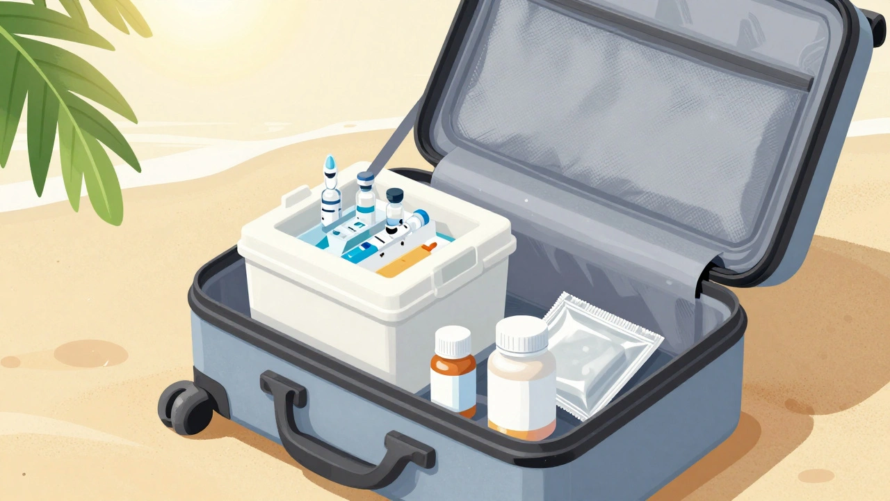 Open suitcase with insulin cooler, pill bottles, and silica packets on beach