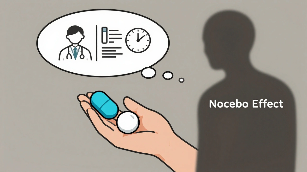 Patient holding two pills with a thought bubble showing medical and psychological factors.