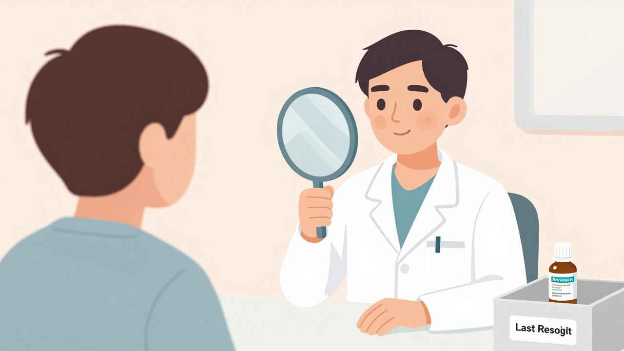 Patient in dermatologist&#039;s office sees mirror showing partial repigmentation, Benoquin hidden away.