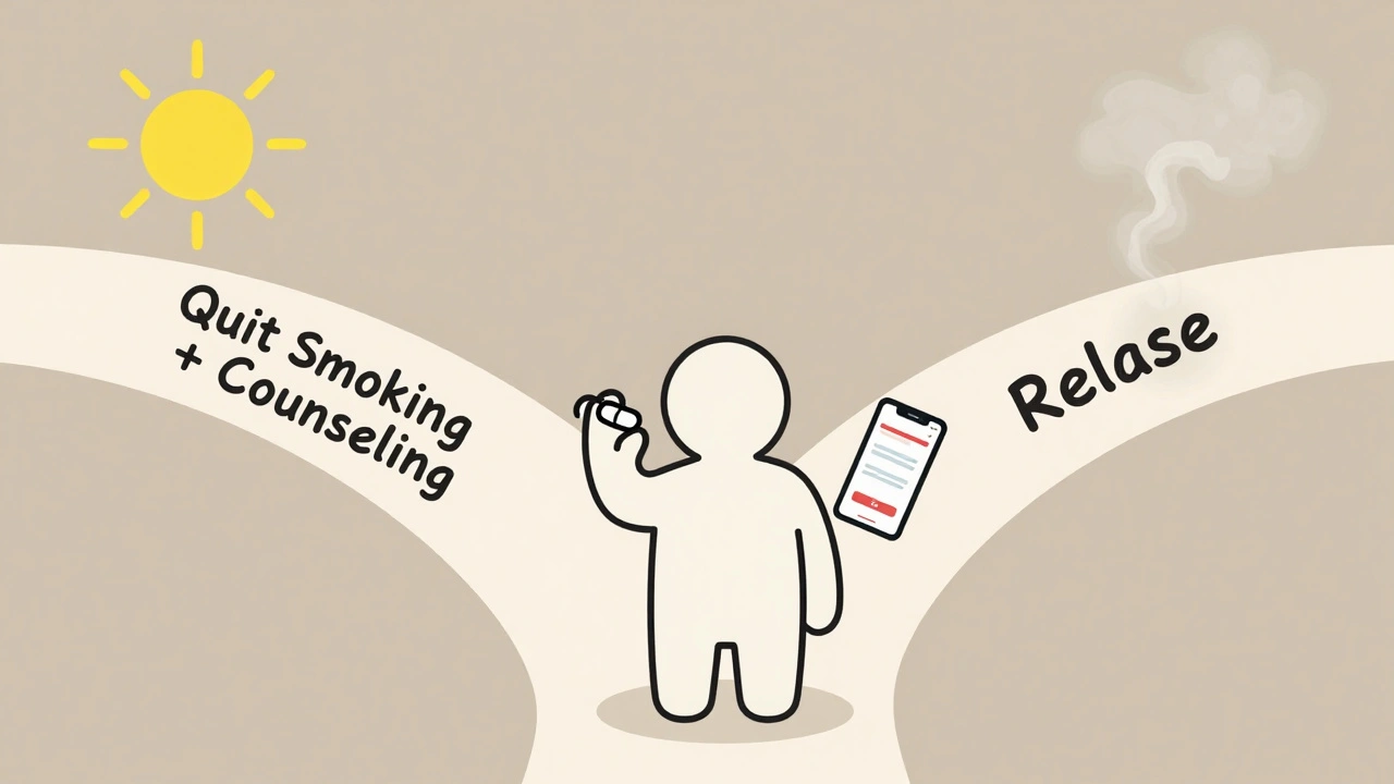 Person at a crossroads choosing quit smoking with counseling over relapse into smoke.