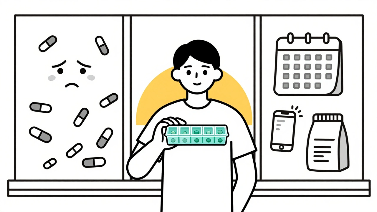 Person holding a synced pill organizer, contrasting chaotic and calm medication routines.