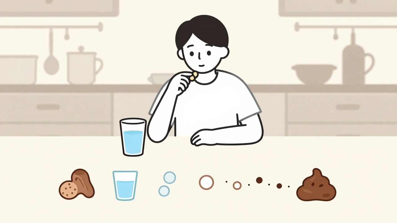 Person taking ezetimibe with water, surrounded by symbols of food, hydration, and probiotics for gut comfort.