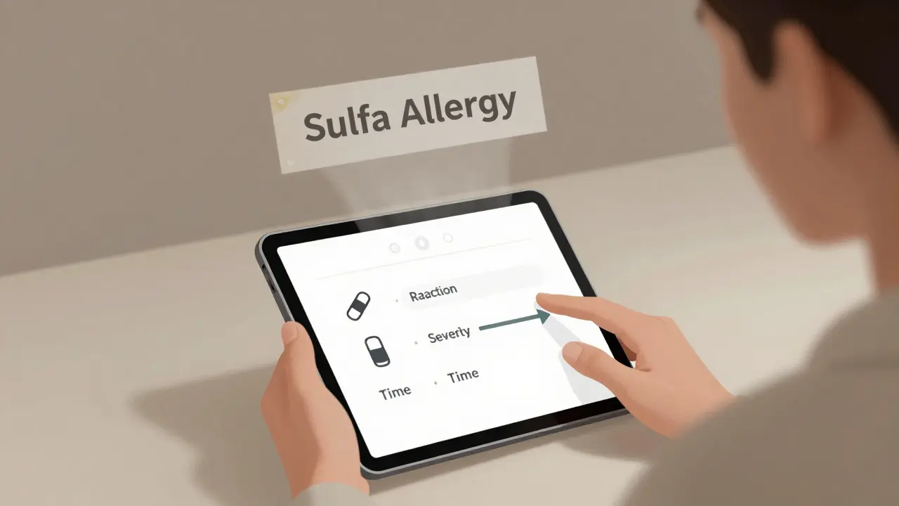Person updating allergy information on a patient portal using simple icon-based inputs.